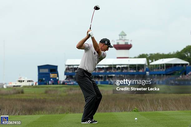 Jim Furyk hits his tee shot on the 18th hole during the final round of the RBC Heritage at Harbour Town Golf Links on April 19, 2015 in Hilton Head...