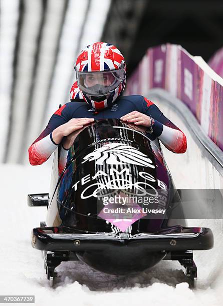 Paula Walker and Rebekah Wilson of Great Britain team 1 compete during the Women's Bobsleigh on Day 12 of the Sochi 2014 Winter Olympics at Sliding...