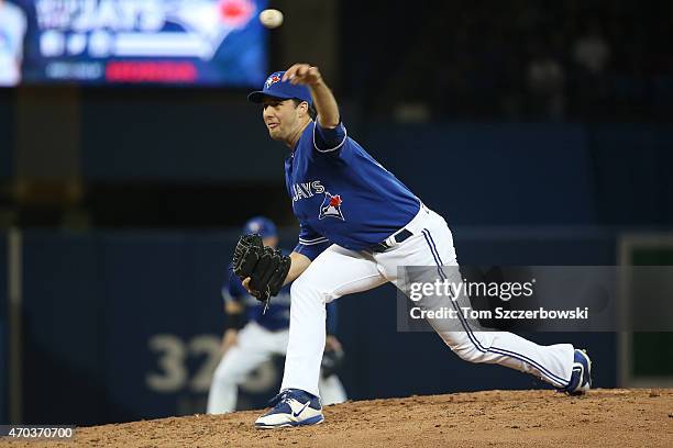 Jeff Francis of the Toronto Blue Jays delivers a pitch in the fifth inning during MLB game action against the Atlanta Braves on April 19, 2015 at...