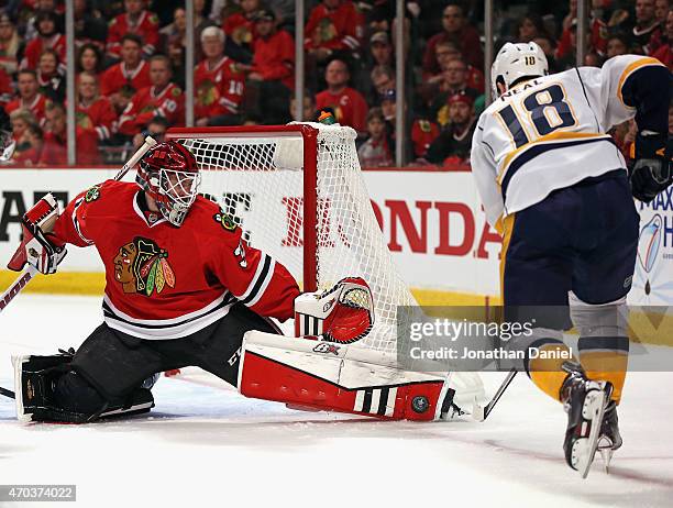 Scott Darling of the Chicago Blackhawks stops a shot by James Neal of the Nashville Predators in Game Three of the Western Conference Quarterfinals...