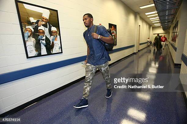 Joe Johnson of the Brooklyn Nets arrives before the game against the Atlanta Hawks in Game One of the Eastern Conference Quarterfinals during the NBA...