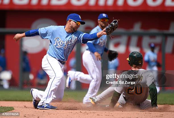 Mark Canha of the Oakland Athletics slides into second for a steal past Omar Infante of the Kansas City Royals in the fifth inning on April 19, 2015...