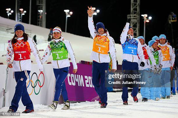 Silver medalists Veronika Vitkova of the Czech Republic, Gabriela Soukalova of the Czech Republic, Jaroslav Soukup of the Czech Republic and Ondrej...