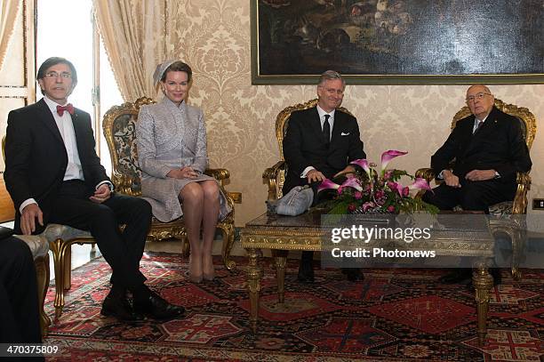 Prime Minister Elio Di Rupo, Queen Mathilde and King Philippe of Belgium during their meeting with President Giorgio Napolitano on February 19, 2014...