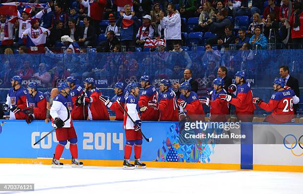 Ales Hemsky of the Czech Republic celebrates wuith his bench after scoring a goal against Jonathan Quick of the United States in the first period...