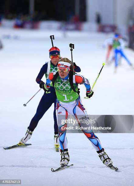 Gabriela Soukalova of the Czech Republic competes in the 2 x 6 km Women + 2 x 7 km Men Mixed Relay during day 12 of the Sochi 2014 Winter Olympics at...