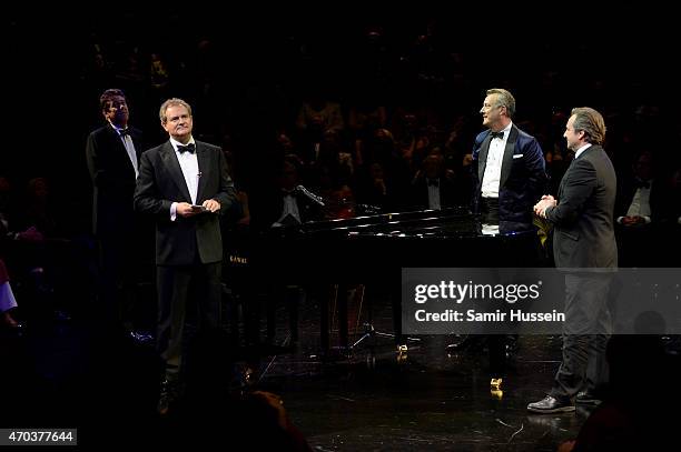 Adrian Lukis, Hugh Bonneville, Stephen Tompkinson and Neil Pearson perform at The Old Vic Theatre for a gala celebration in honour of Kevin Spacey as...