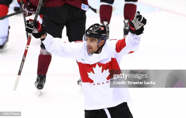 Patrick Sharp of Canada celebrates after scoring a first-period goal against Latvia during the Men's Ice Hockey Quarterfinal Playoff on Day 12 of the...