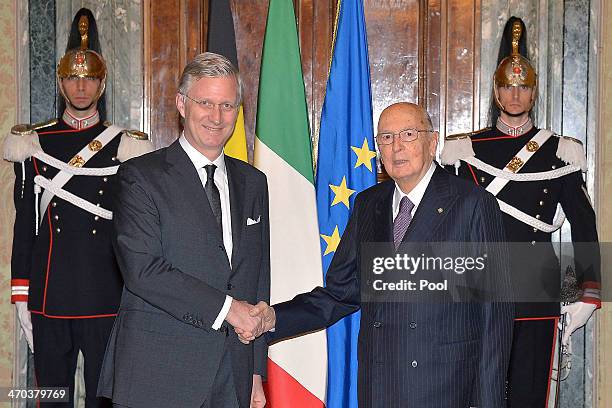 King Philippe of Belgium greets Italian President Giorgio Napolitano as he arrives at Quirinale Palace on February 19, 2014 in Rome, Italy.