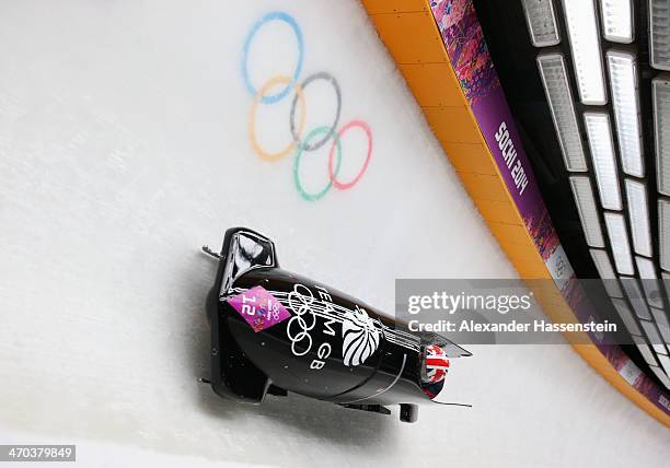 Paula Walker and Rebekah Wilson of Great Britain team 1 make a run during the Women's Bobsleigh on Day 12 of the Sochi 2014 Winter Olympics at...