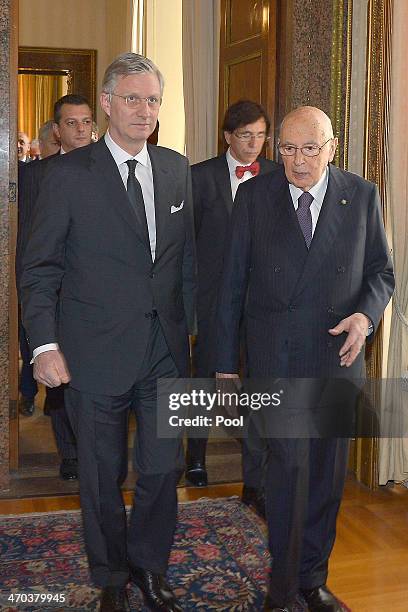 King Philippe of Belgium and Italian President Giorgio Napolitano arrive at Quirinale Palace for a meetin on February 19, 2014 in Rome, Italy.