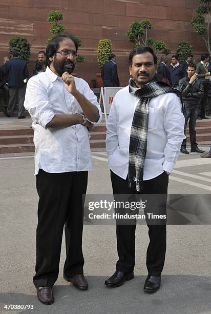 Rajya Sabha MP from Tamil Nadu Tiruchi Siva speaks with DMK Leader and former Telecom Minister A Raja after attending Parliament session on February...
