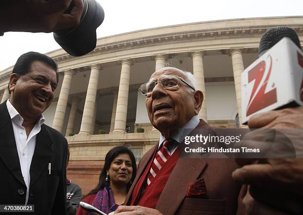 Noted lawyer and Rajya Sabha member Ram Jethmalani speaks with media person after attending Parliament session on February 19, 2014 in New Delhi,...