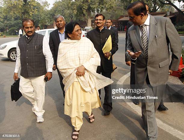 Supremo Mayawati leaves after attending the Parliament session on February 19, 2014 in New Delhi, India. Lok Sabha adjourned for the day amid uproar...