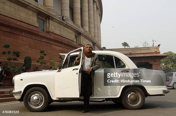 Leader Sitaram Yechury arrives to attend the Parliament session on February 19, 2014 in New Delhi, India. Lok Sabha adjourned for the day amid uproar...