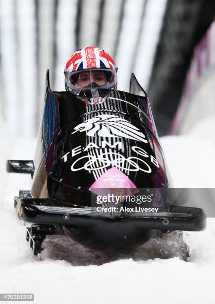 Paula Walker and Rebekah Wilson of Great Britain team 1 compete during the Women's Bobsleigh on Day 12 of the Sochi 2014 Winter Olympics at Sliding...