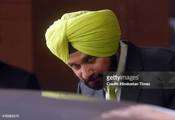 Navjot Singh Sidhu at Parliament House during parliament session on February 19, 2014 in New Delhi, India. Lok Sabha adjourned for the day amid...