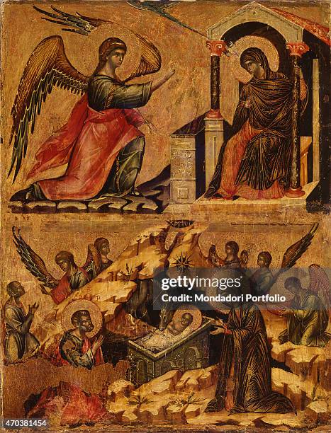 "Annunciation and Nativity, by Paolo Veneziano, 14th century, table. Italy, Veneto, Venice, Church of Saint Panteleimon. Whole artwork view. At the...