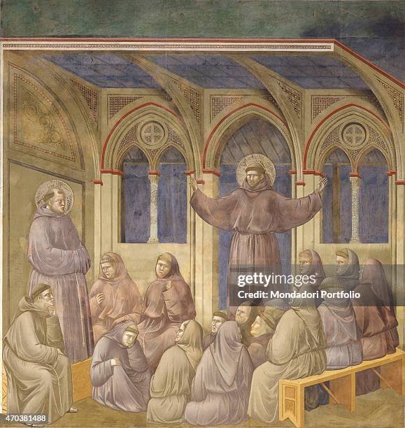 "The Apparition of St. Francis in the Chapter of Arles, by Giotto, 1297-1300, 13th-14th century, fresco. Italy, Umbria, Assisi, Upper Basilica of San...