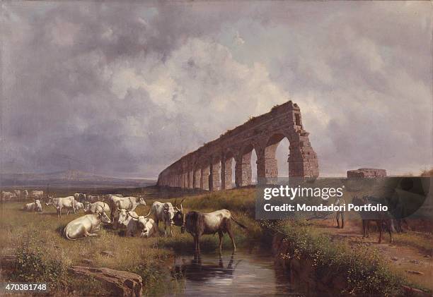 "Herd of buffalo grazing , by Andrea Markò 19th Century, oil on canvas. Italy, Lombardy, Milan, Brera Collection. Whole artwork view. Landscape with...