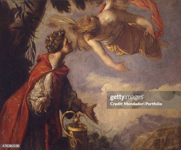 "Hagar and the Angel, by Francesco Maffei, 17th century, oil on canvas. Italy, Lombardy, Milan, Castello Sforzesco, Museum of Ancient Art. Whole...