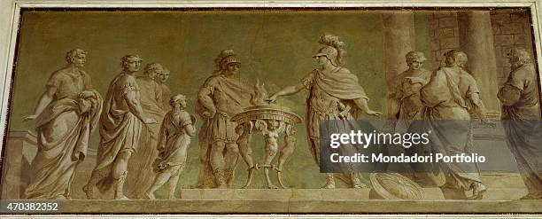 "Sacrifice of Scaevola, by Pier Antonio Novelli, 18th Century, fresco. Italy, Veneto, Padua, Riviera. Whole artwork view. Muzio Scaevola sacrifices...