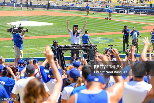Steve Aoki performs before a baseball game between the Colorado Rockies and the Los Angeles Dodgers at Dodger Stadium on April 19, 2015 in Los...
