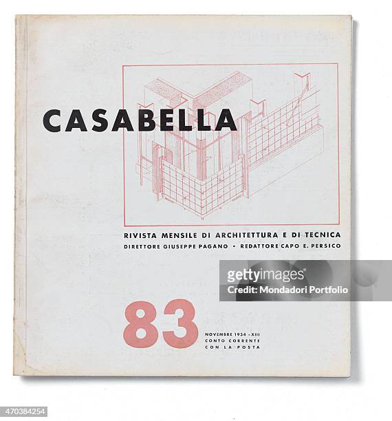 "Casabella, No. 83, November 1934 - XIII, 20th Century, Arnoldo Mondadori Editore, Milan, 28 x 31 cm. Whole artwork view. On a white background in a...