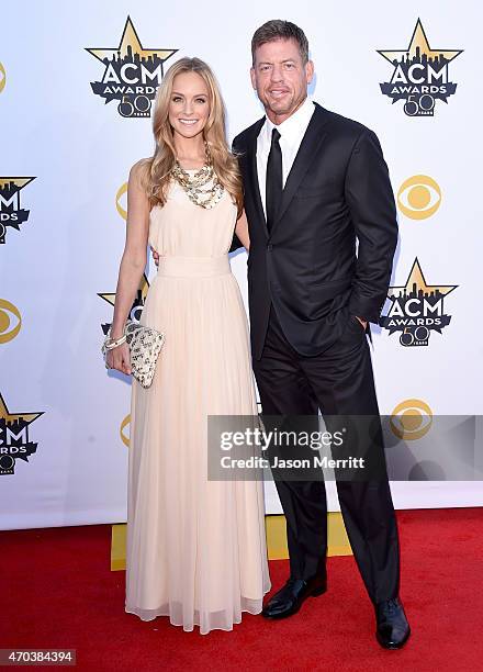 Model Tracy Ripsin and TV personality/retired NFL player Troy Aikman attend the 50th Academy of Country Music Awards at AT&T Stadium on April 19,...