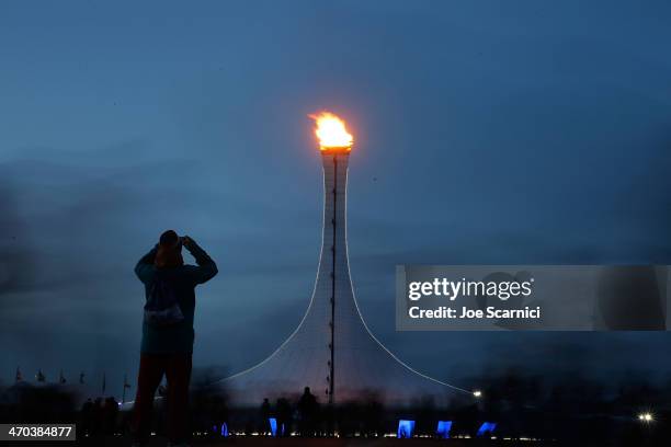 View of the Olympic Flame in the Olympic Cauldron in the Olympic park on February 19, 2014 in Sochi, Russia.