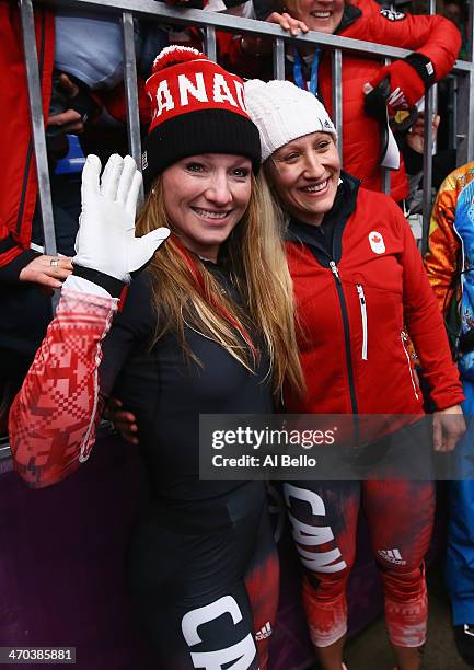 Kaillie Humphries and Heather Moyse of Canada team 1 celebrate after winning the gold medal during the Women's Bobsleigh on Day 12 of the Sochi 2014...