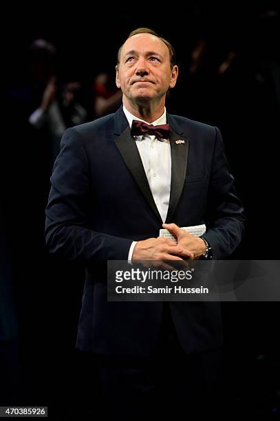 Kevin Spacey gives a speech at The Old Vic Theatre for a gala celebration in his honour as his artistic directors tenure comes to an end on April...