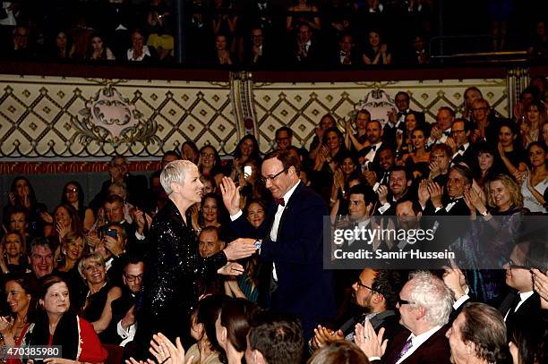 Kevin Spacey greets singer Annie Lennox at The Old Vic Theatre during the gala celebration in honour of Kevin Spacey as the artistic directors...