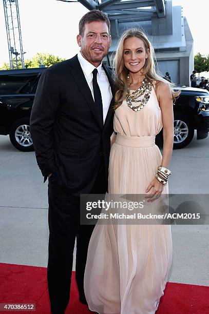 Former Dallas Cowboys quarterback Troy Aikman and Model Tracy Ripsin attend the 50th Academy of Country Music Awards at AT&T Stadium on April 19,...