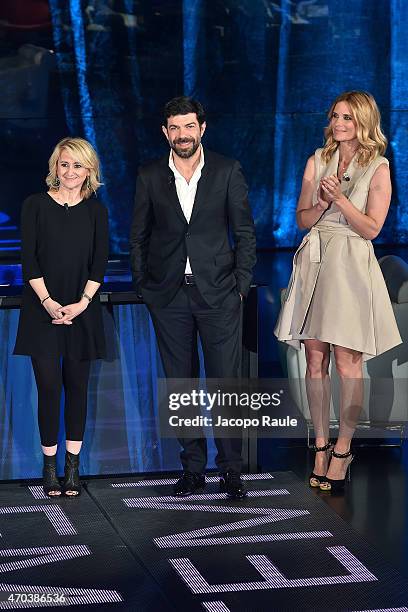 Luciana Littizzetto, Pierfrancesco Favino and Filippa Lagerback attend 'Che Tempo Che Fa' TV Show - April 19th, 2015 on April 19, 2015 in Milan,...