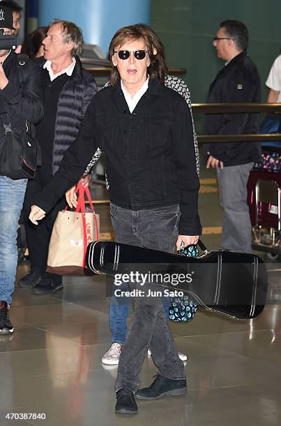 Sir Paul McCartney is seen upon arrival at Kansai International Airport on April 20, 2015 in Izumisano, Japan.