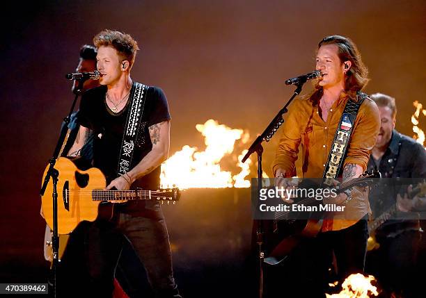 Recording artists Brian Kelley and Tyler Hubbard of Florida Georgia Line perform onstage during the 50th Academy of Country Music Awards at AT&T...
