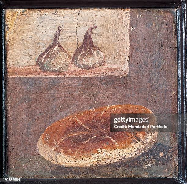 "Still Life with Bread and Figs, by unknown artist, ripped fresco, 23 x 23 cm Italy, Campania, Naples, National Archaeological Museum, Room LXXIV,...