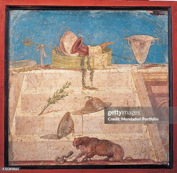 "Dionysus' Symbols, by unknown artist, ripped fresco, 46 x 46 cm Italy, Campania, Naples, National Archaeological Museum, Room LXVI, inv. 8795. Whole...