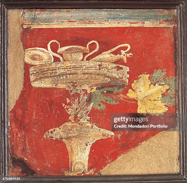 "Basket on a Candleholder, by unknown artist, 10-37, 1st Century A.D., ripped fresco, 24 x 24 cm Italy, Campania, Naples, National Archaeological...