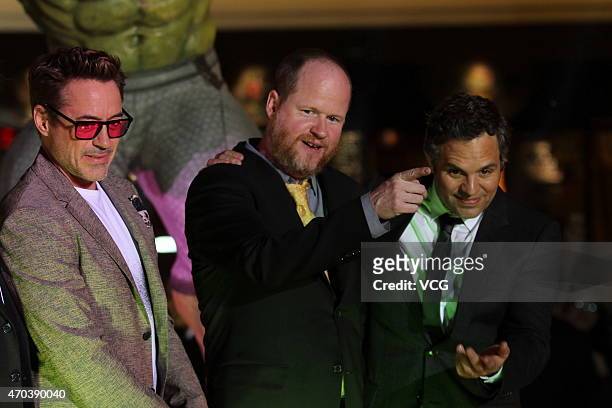 Actor Robert Downey Jr., director Joss Whedon and actor Mark Ruffalo attend "Avengers: Age of Ultron" premiere at Indigo Mall on April 19, 2015 in...