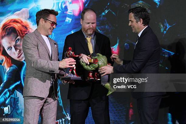 Actor Robert Downey Jr., director Joss Whedon and actor Mark Ruffalo attend "Avengers: Age of Ultron" premiere at Indigo Mall on April 19, 2015 in...