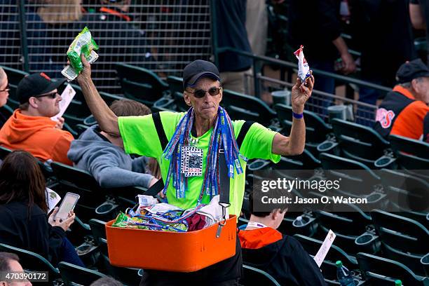 Concession vendor selling in the stands before the game between the San Francisco Giants and the Arizona Diamondbacks at AT&T Park on April 18, 2015...