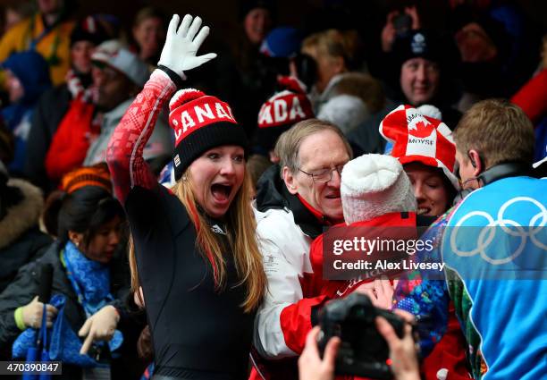 Heather Moyse of Canada team 1 celebrates after winning the gold medal during the Women's Bobsleigh on Day 12 of the Sochi 2014 Winter Olympics at...