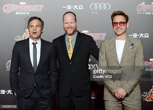 Actor Mark Ruffalo, director Joss Whedon and actor Robert Downey Jr. Attend "Avengers: Age of Ultron" premiere at Indigo Mall on April 19, 2015 in...