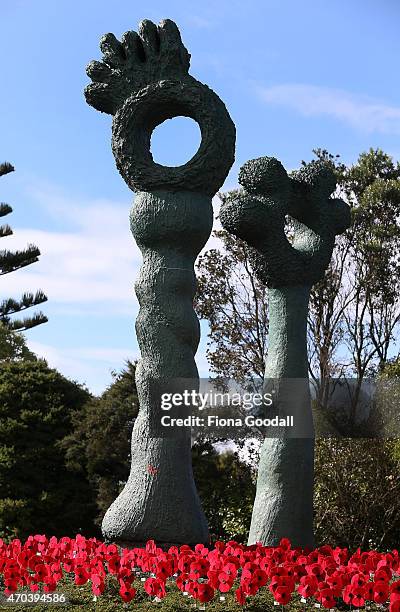 Poppies for Peace made by locals to commemorate Anzac Day adorn the Titirangi roundabout on April 20, 2015 in Auckland, New Zealand. 2015 marks the...