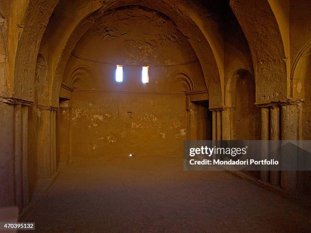 "Castle of al-Kharana , 705-710, 8th Century A.D., stone building Jordan, Amman. Detail. View on the castle from the inside with archs lying on...