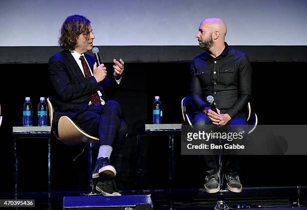 Filmmaker Brett Morgen and journalist Neil Straus speak onstage during the premiere of "Kurt Cobain: Montage Of Heck" during the 2015 Tribeca Film...