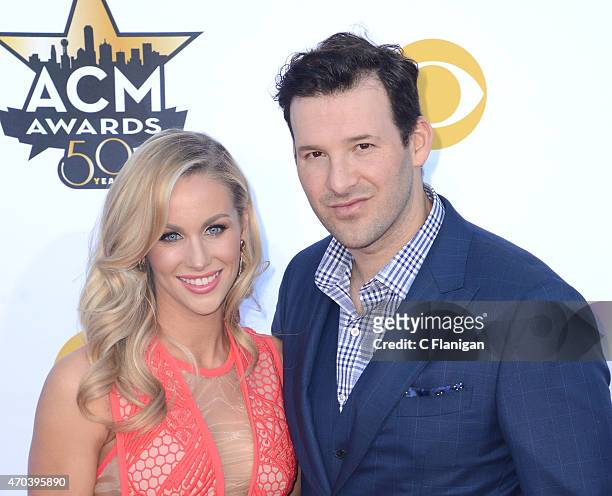 Reporter Candice Crawford and professional football player Tony Romo attend the 50th Academy Of Country Music Awards at AT&T Stadium on April 19,...