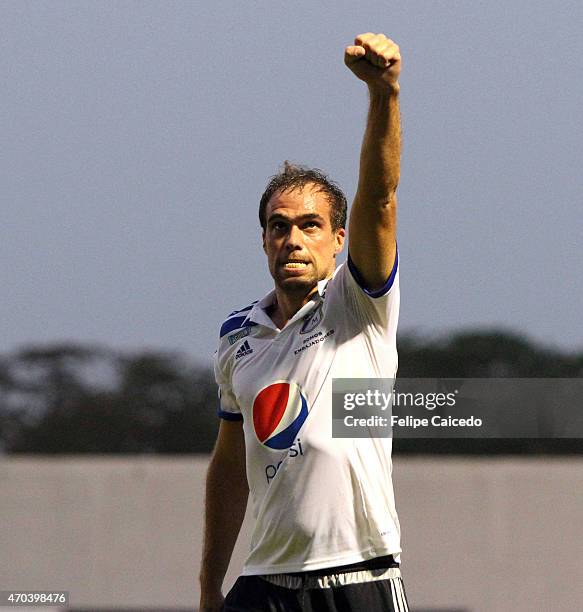 Federico Insua of Millonarios celebrates after scoring the second goal of his team during a match between Jaguares FC and Millonarios as part of 16th...